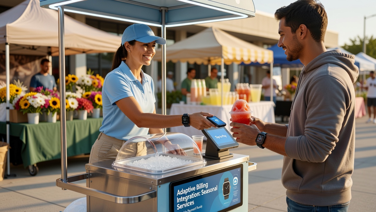 Seasonal operator dashboard displaying real-time wearable transaction data and adaptive rate adjustments