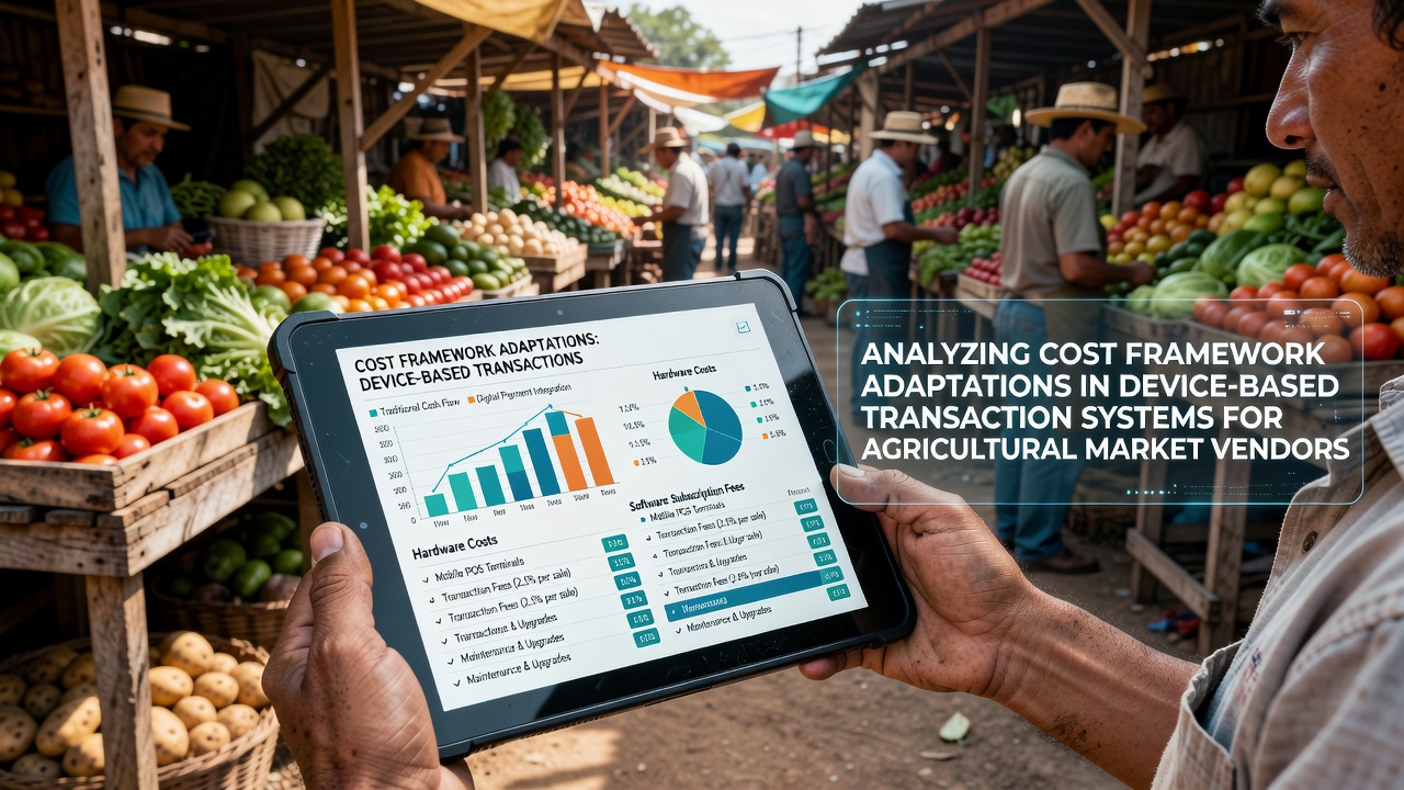 Agricultural market vendors using mobile devices for transactions at a busy outdoor produce stall