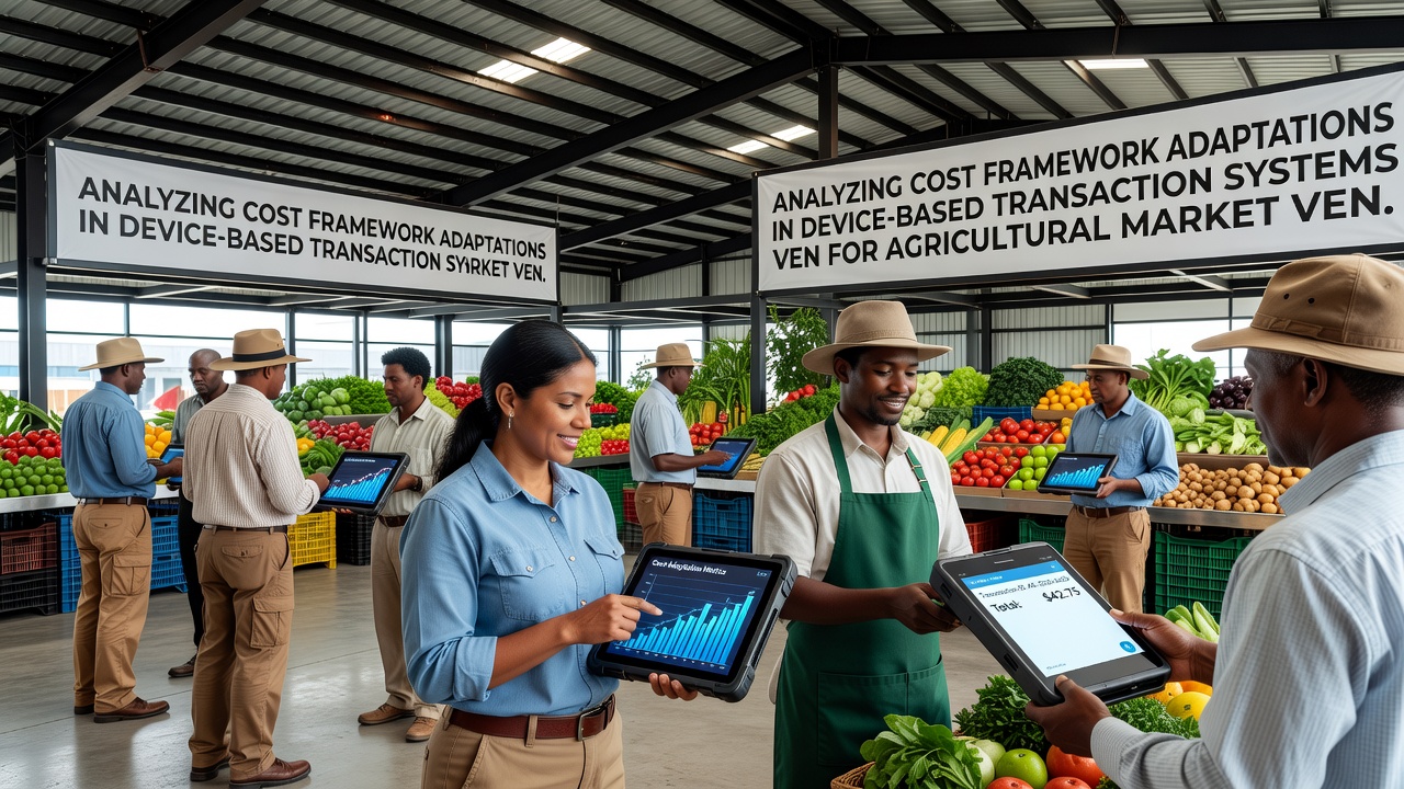 Close-up of a tablet device displaying transaction data at an agricultural market stall with vendors and customers in background