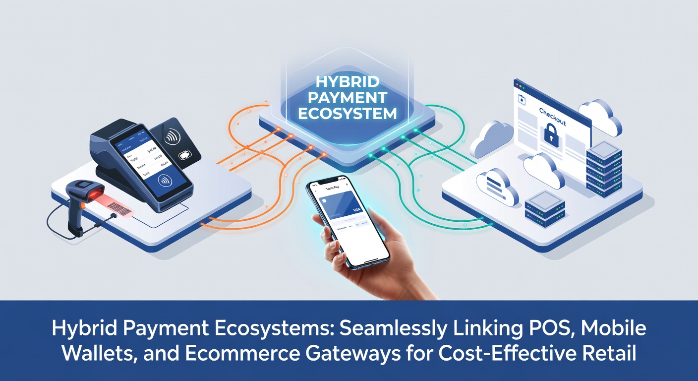 Diagram showing interconnected POS terminals, mobile wallet apps, and ecommerce platforms in a unified payment flow