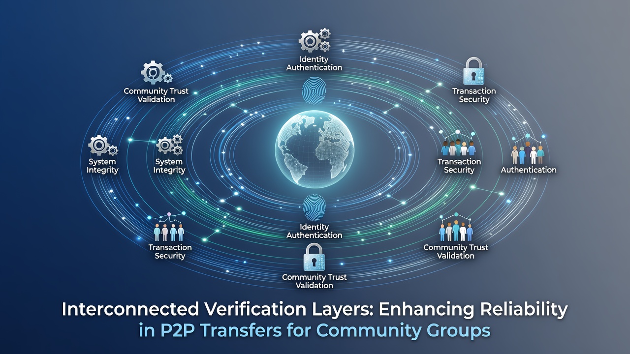 Diagram showing interconnected verification layers in a peer-to-peer transfer system for community groups