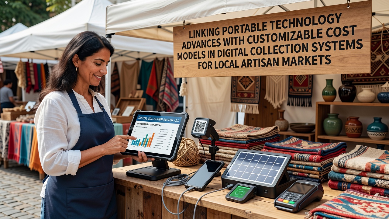 Portable tablet devices used by artisans at a local market for processing digital collections with flexible billing interfaces