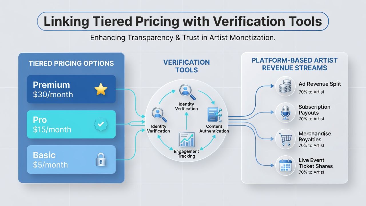 Artist revenue analytics interface displaying verified tier subscriptions and payout verification status