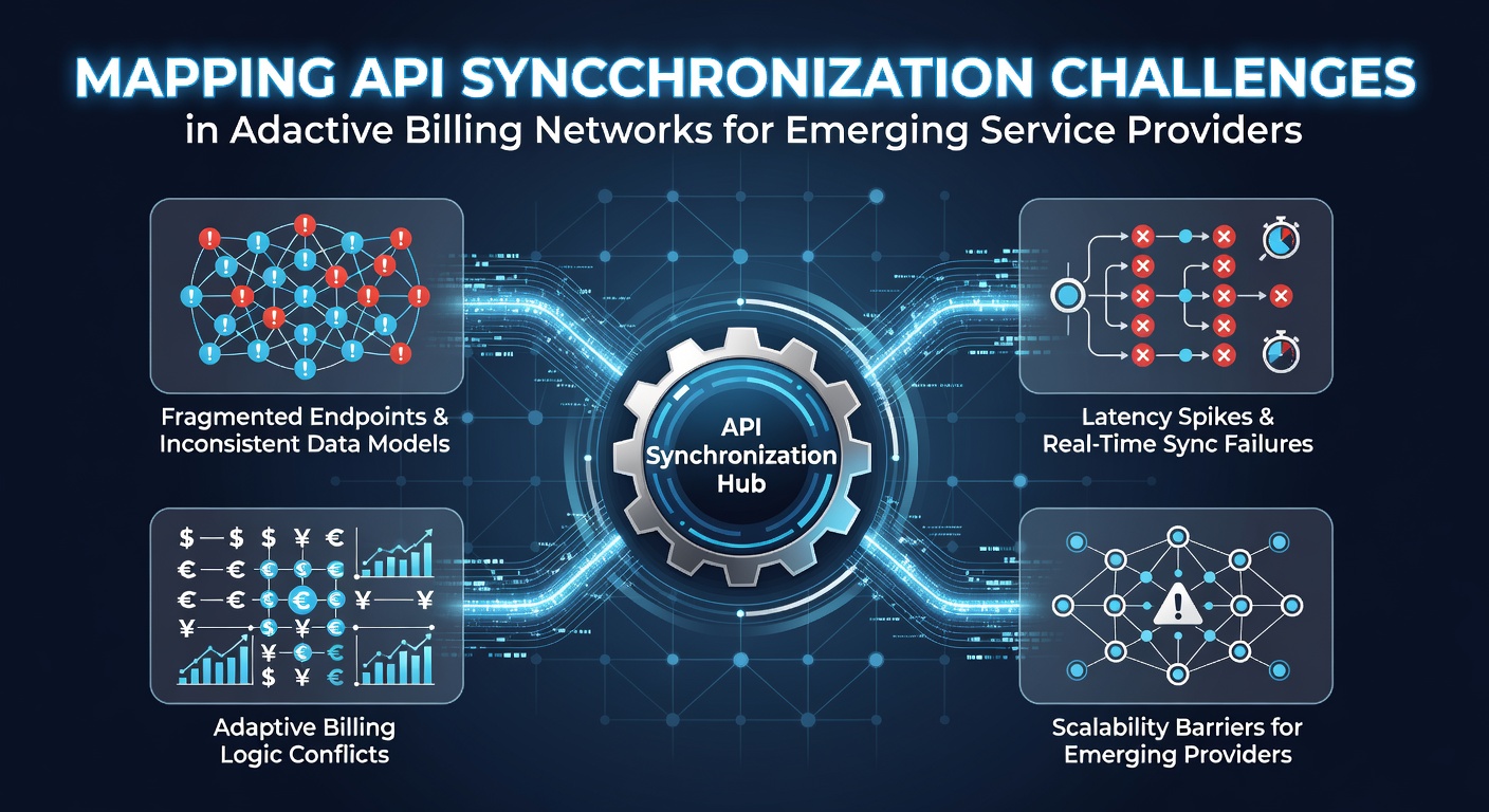 Technical diagram showing API data flows and synchronization points across adaptive billing network components for service providers