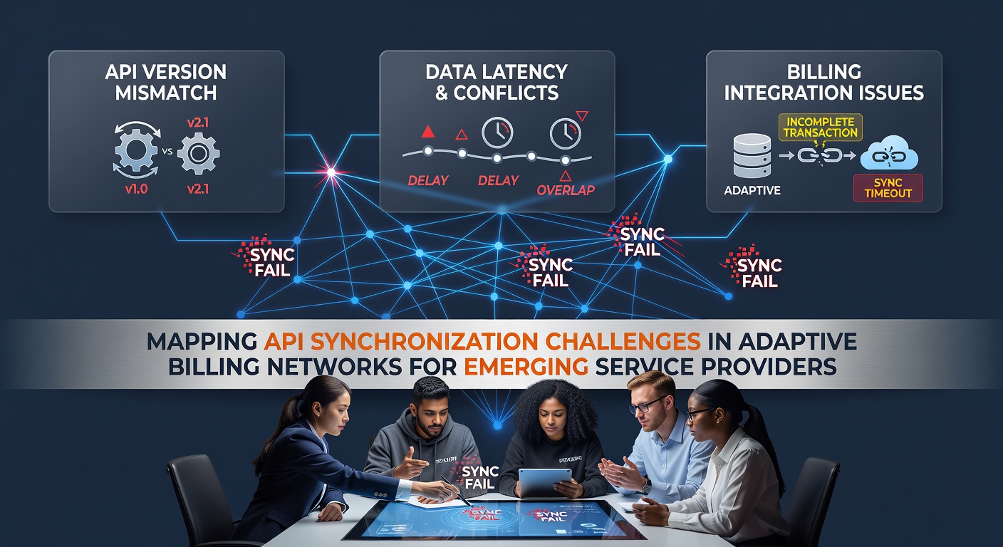 Flowchart depicting synchronization challenges between billing APIs, mobile endpoints, and compliance modules in service provider environments