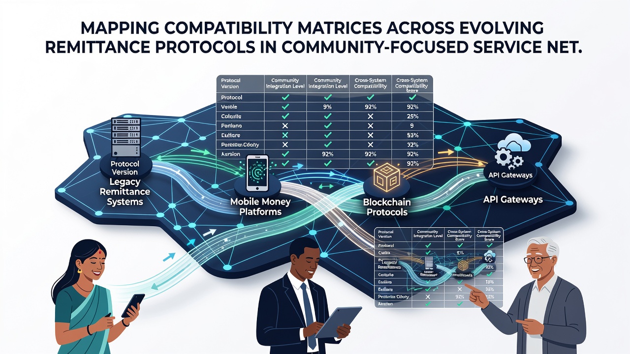 Diagram showing remittance protocol evolution and matrix updates across service communities