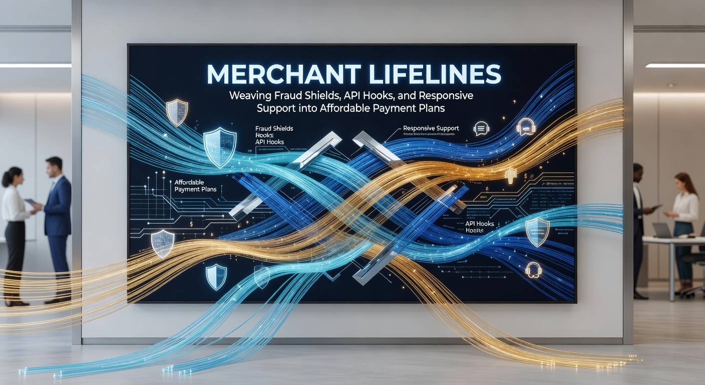 Illustration of interconnected payment networks with shields, hooks, and support icons symbolizing merchant protection and integration