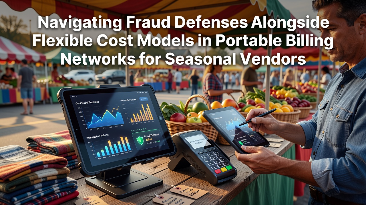 Seasonal vendors using portable billing devices at outdoor markets with integrated security features