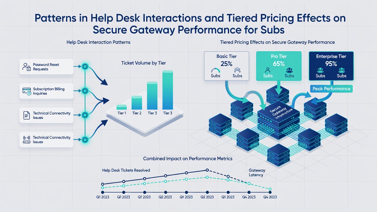 Secure gateway dashboards display latency metrics alongside help-desk ticket trends for subscription learning services