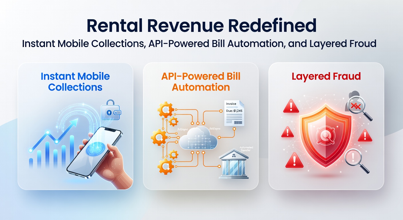 Digital dashboard displaying automated rent bills, fraud alerts, and mobile payment confirmations for property management
