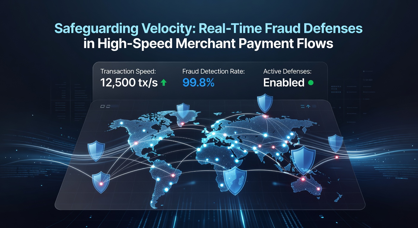 Illustration of high-speed payment flows with real-time fraud detection shields protecting transactions in a digital merchant ecosystem