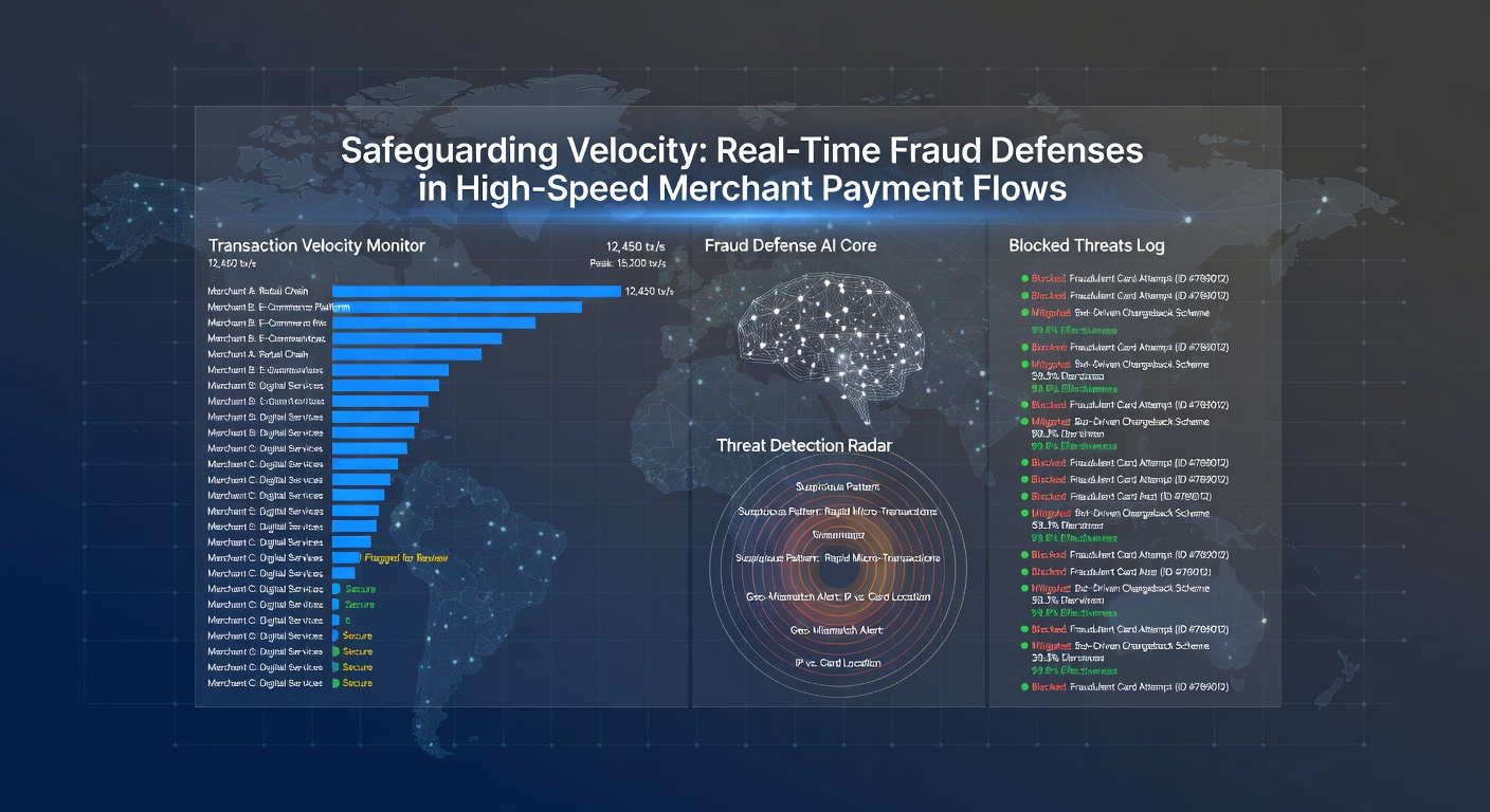 Diagram showing layered real-time fraud defenses including AI models, device intelligence, and network graphs intercepting threats in a high-velocity payment stream