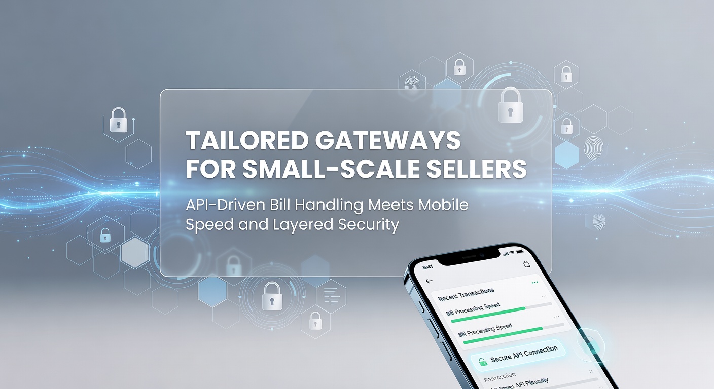 Small-scale seller at a market stall processing a mobile payment through a secure API gateway on their smartphone, with digital bill icons and layered security shields visible in the background